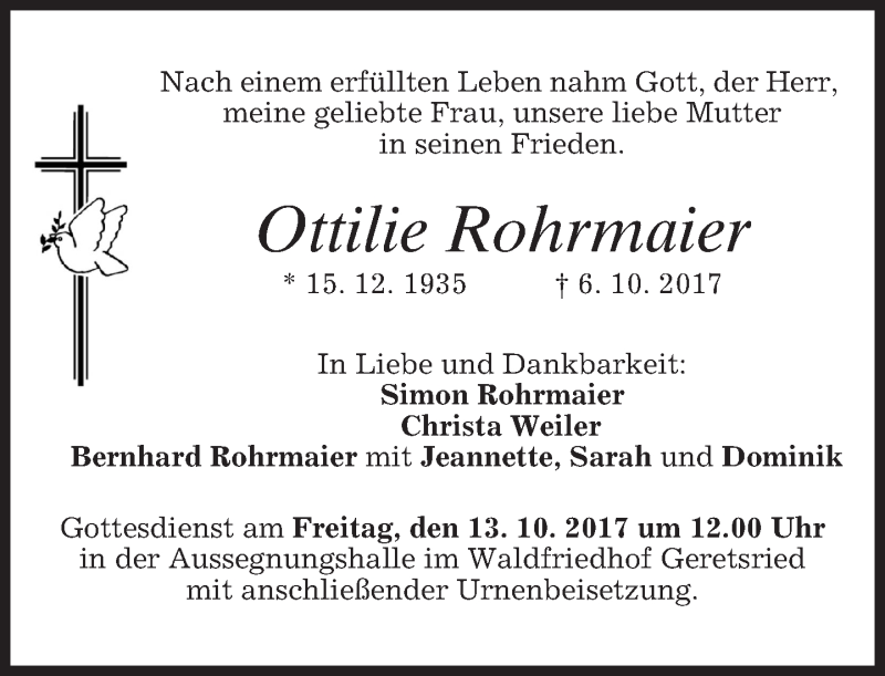  Traueranzeige für Ottilie Rohrmaier vom 11.10.2017 aus merkurtz