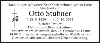 Traueranzeige von Otto Stubner von merkurtz