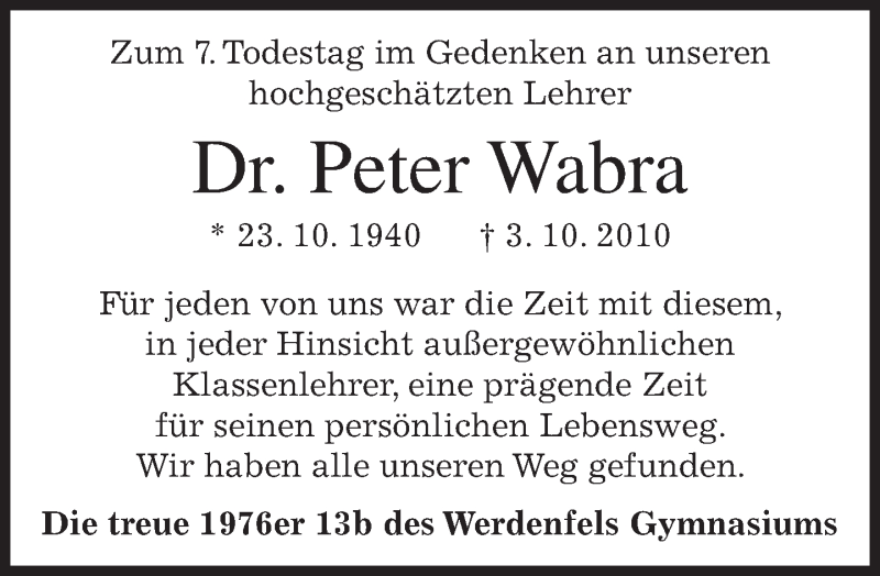  Traueranzeige für Peter Wabra vom 04.10.2017 aus merkurtz