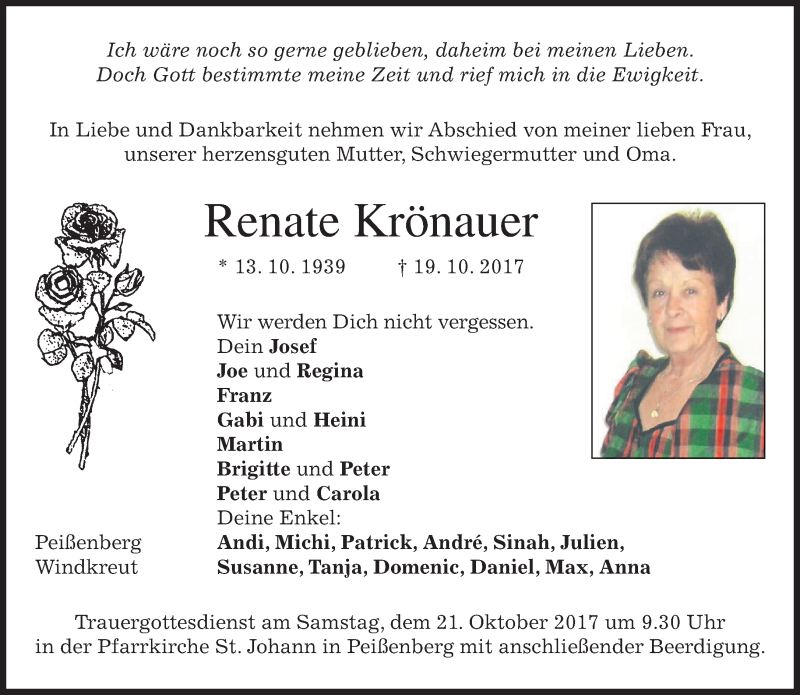  Traueranzeige für Renate Krönauer vom 20.10.2017 aus merkurtz