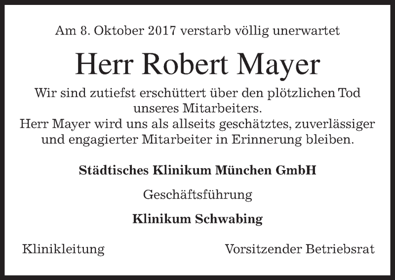  Traueranzeige für Robert Mayer vom 13.10.2017 aus merkurtz