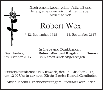 Traueranzeige von Robert Wex von merkurtz