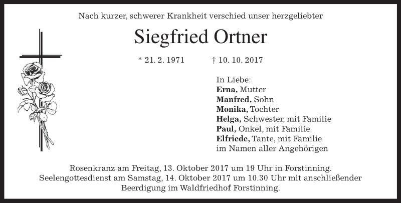  Traueranzeige für Siegfried Ortner vom 12.10.2017 aus merkurtz