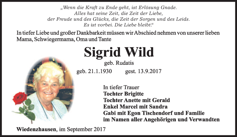  Traueranzeige für Sigrid Wild vom 14.10.2017 aus merkurtz