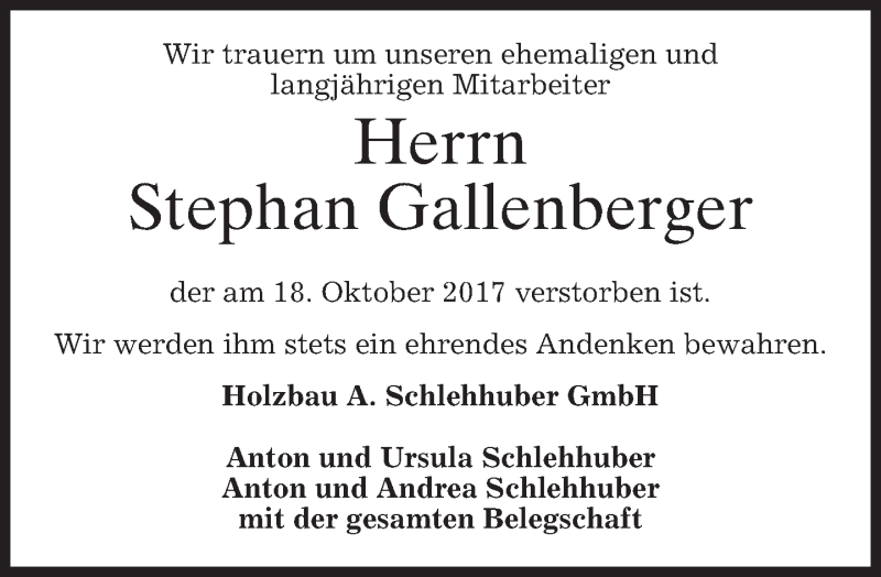  Traueranzeige für Stephan Gallenberger vom 26.10.2017 aus merkurtz