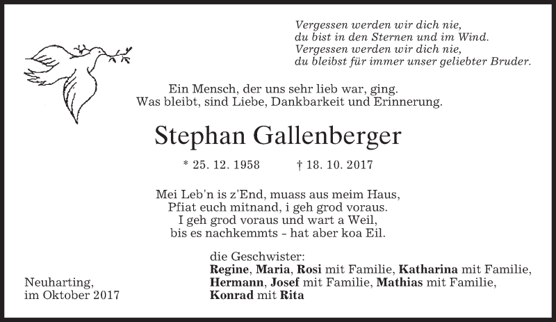  Traueranzeige für Stephan Gallenberger vom 26.10.2017 aus merkurtz