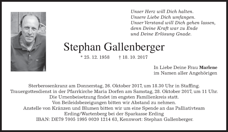  Traueranzeige für Stephan Gallenberger vom 24.10.2017 aus merkurtz