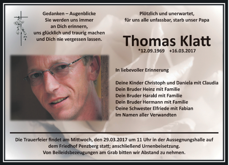  Traueranzeige für Thomas Klatt vom 25.03.2017 aus Das Gelbe Blatt Penzberg