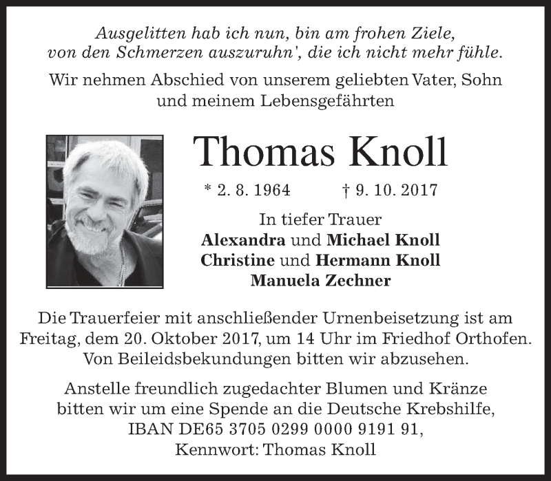  Traueranzeige für Thomas Knoll vom 14.10.2017 aus merkurtz