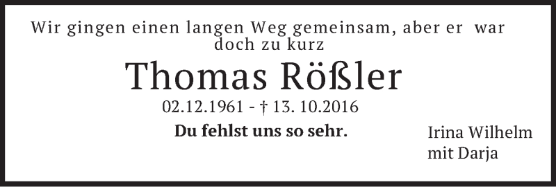  Traueranzeige für Thomas Rößler vom 12.10.2017 aus merkurtz