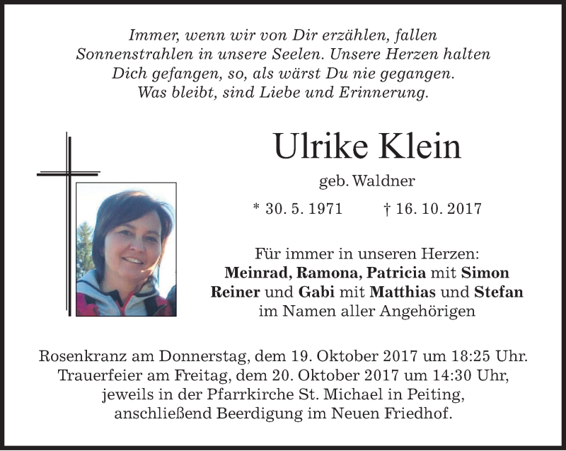  Traueranzeige für Ulrike Klein vom 18.10.2017 aus merkurtz