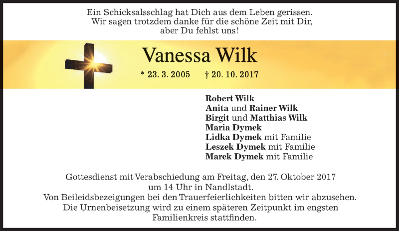  Traueranzeige für Vanessa Wilk vom 25.10.2017 aus merkurtz