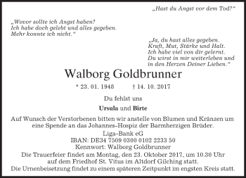 Traueranzeige von Walborg Goldbrunner von merkurtz