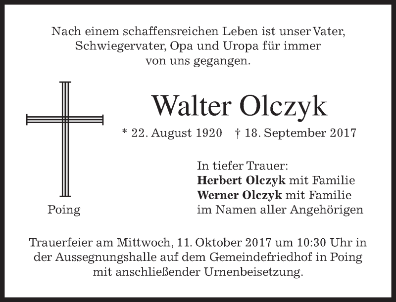  Traueranzeige für Walter Olczyk vom 07.10.2017 aus merkurtz