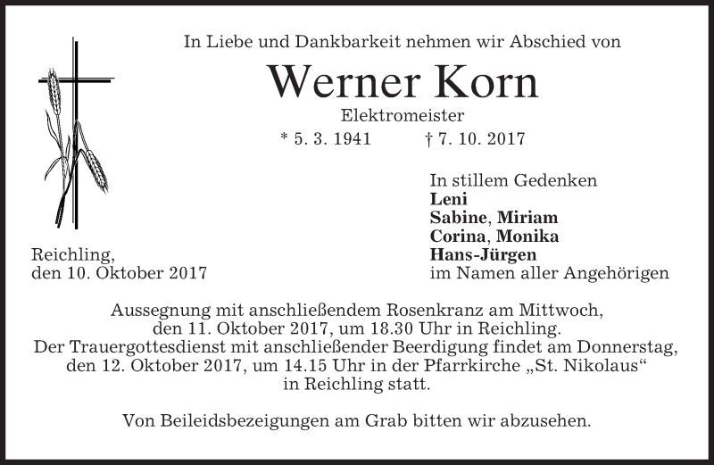  Traueranzeige für Werner Korn vom 10.10.2017 aus merkurtz