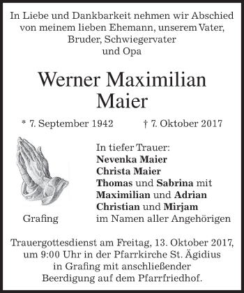 Traueranzeige von Werner Maximilian Maier von merkurtz