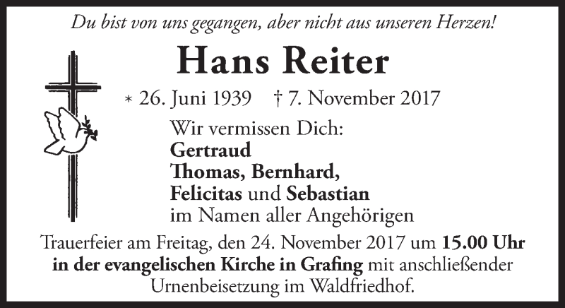  Traueranzeige für Hans Reiter vom 18.11.2017 aus merkurtz