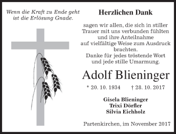 Traueranzeige von Adolf Blieninger von merkurtz