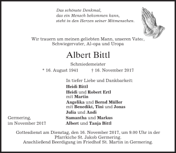 Traueranzeige von Albert Bittl von merkurtz