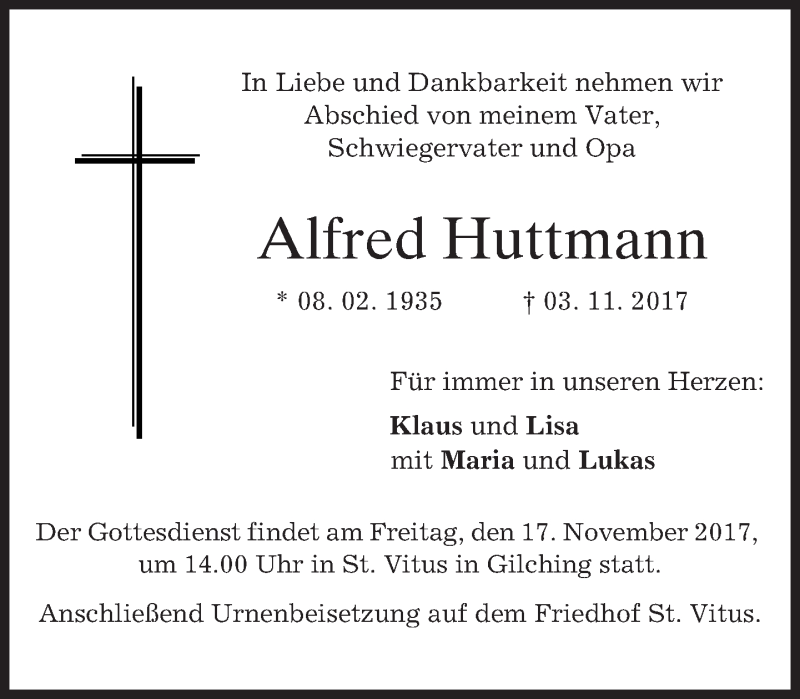  Traueranzeige für Alfred Huttmann vom 11.11.2017 aus merkurtz