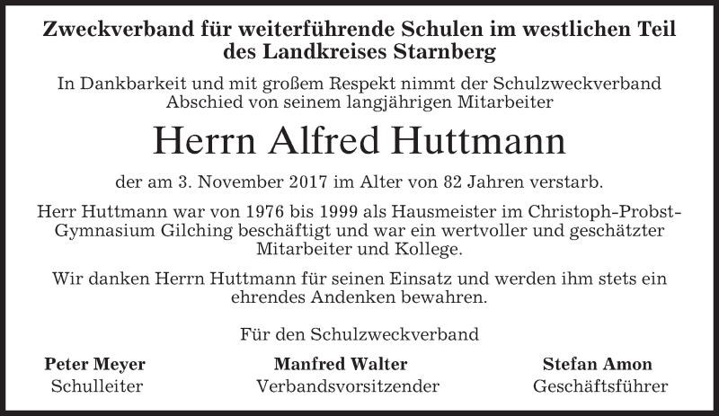  Traueranzeige für Alfred Huttmann vom 11.11.2017 aus merkurtz