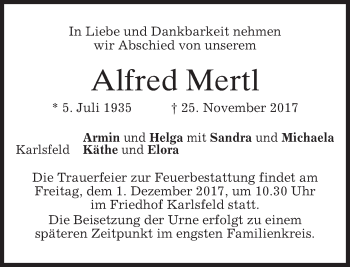 Traueranzeige von Alfred Mertl von merkurtz