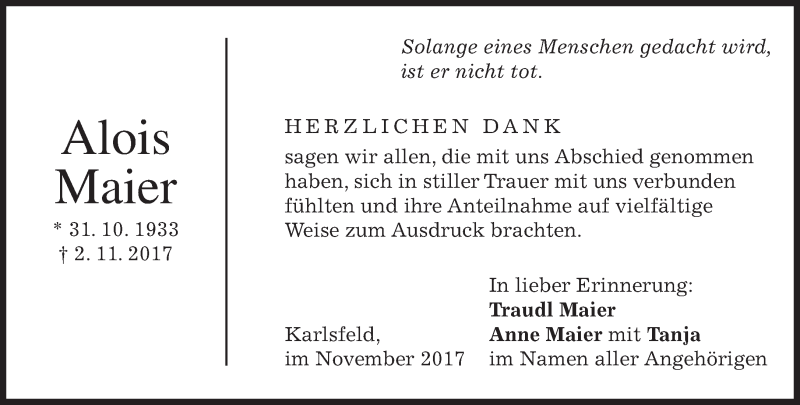  Traueranzeige für Alois Maier vom 11.11.2017 aus merkurtz