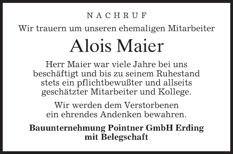  Traueranzeige für Alois Maier vom 16.11.2017 aus merkurtz