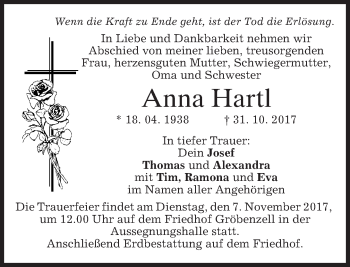Traueranzeige von Anna Hartl von merkurtz