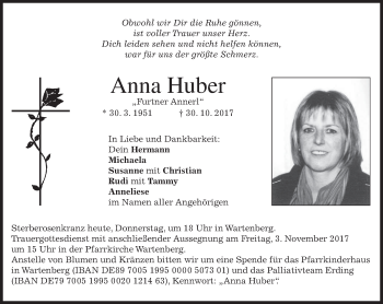 Traueranzeige von Anna Huber von merkurtz