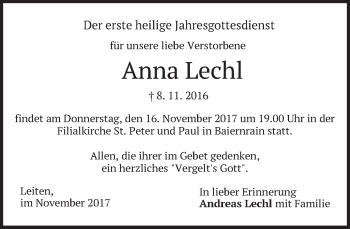 Traueranzeige von Anna Lechl von merkurtz