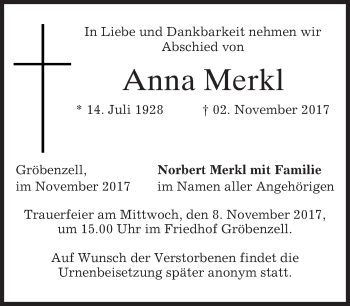 Traueranzeige von Anna Merkl von merkurtz