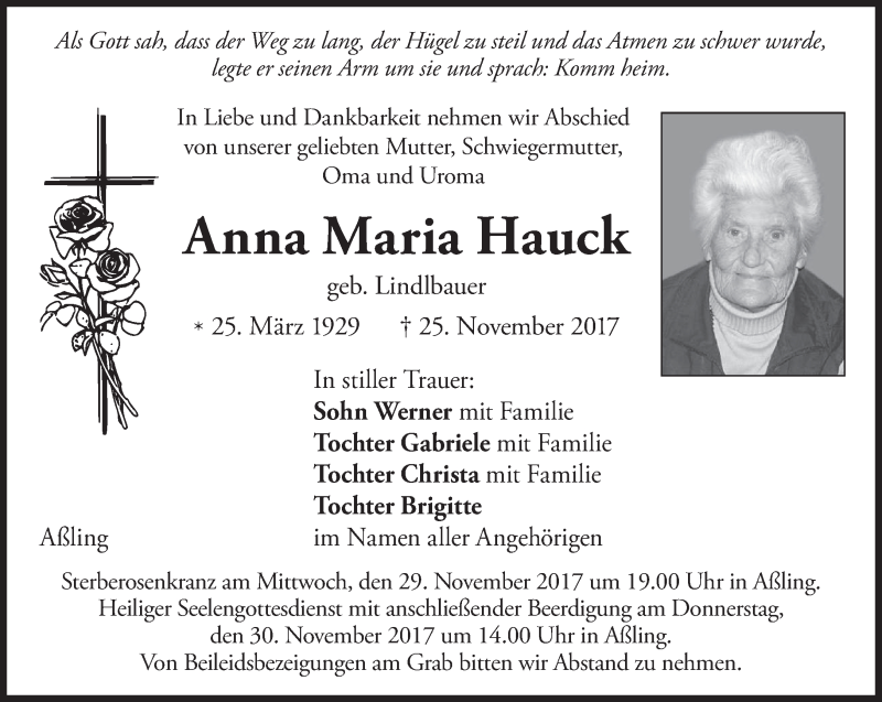  Traueranzeige für Anna Maria Hauck vom 28.11.2017 aus merkurtz