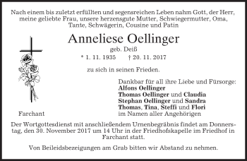 Traueranzeige von Anneliese Oellinger von merkurtz