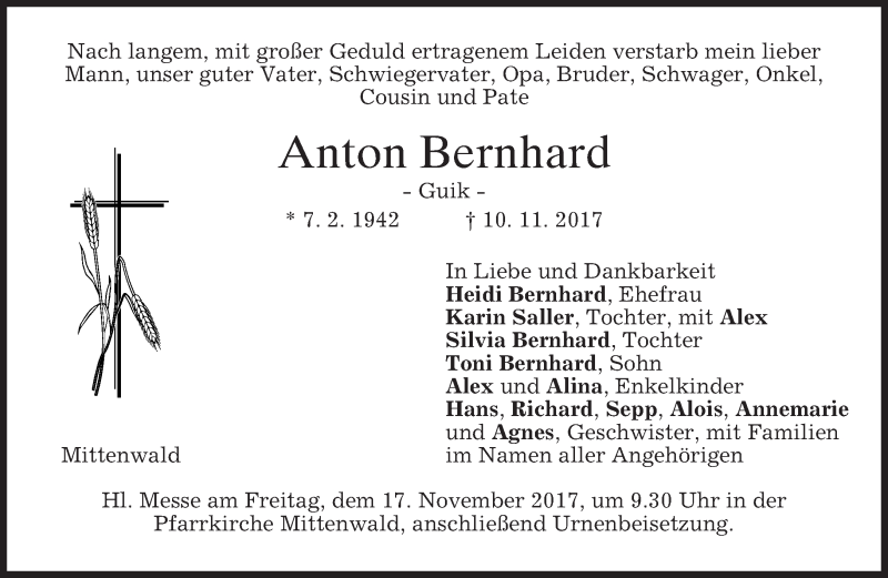  Traueranzeige für Anton Bernhard vom 14.11.2017 aus merkurtz