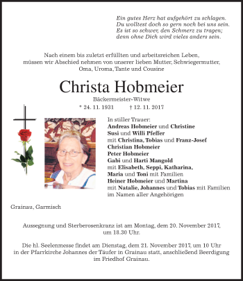 Traueranzeige von Christa Hobmeier von merkurtz