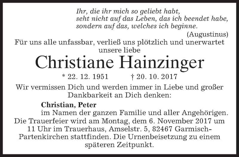  Traueranzeige für Christiane Hainzinger vom 02.11.2017 aus merkurtz