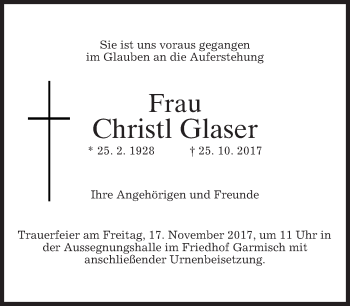 Traueranzeige von Christl Glaser von merkurtz