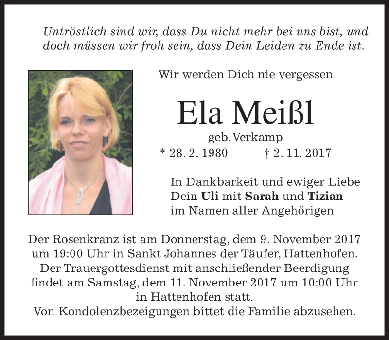  Traueranzeige für Ela Meißl vom 08.11.2017 aus merkurtz