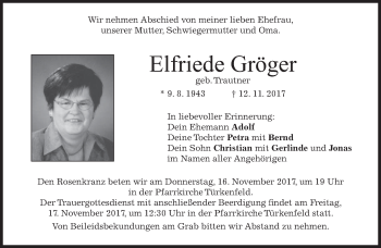 Traueranzeigen von Elfriede Gröger | trauer.merkur.de
