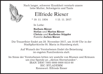 Traueranzeige von Elfriede Rieser von merkurtz