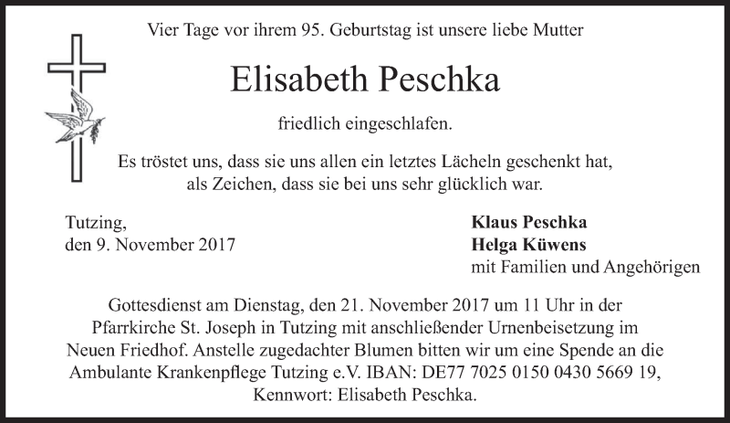 Traueranzeige für Elisabeth Peschka vom 18.11.2017 aus merkurtz