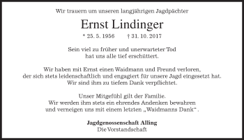 Traueranzeige von Ernst Lindinger von merkurtz