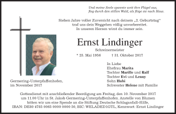 Traueranzeige von Ernst Lindinger von merkurtz