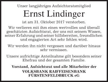 Traueranzeige von Ernst Lindinger von merkurtz