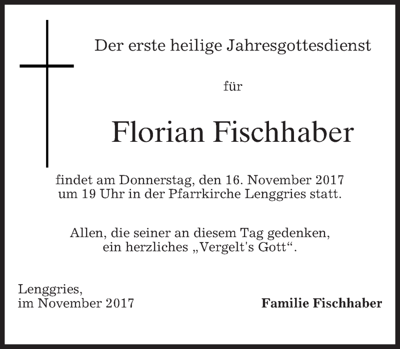  Traueranzeige für Florian Fischhaber vom 14.11.2017 aus merkurtz