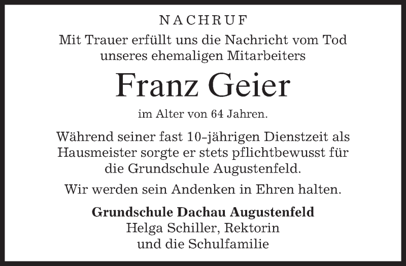  Traueranzeige für Franz Geier vom 10.11.2017 aus merkurtz