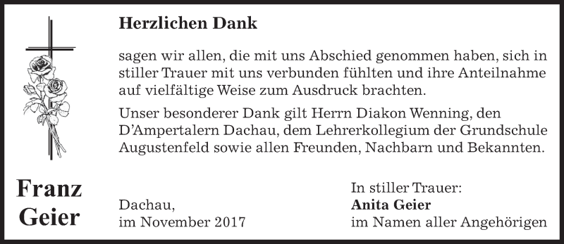  Traueranzeige für Franz Geier vom 22.11.2017 aus merkurtz