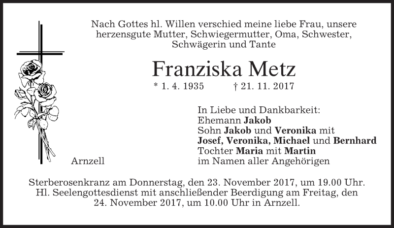  Traueranzeige für Franziska Metz vom 22.11.2017 aus merkurtz