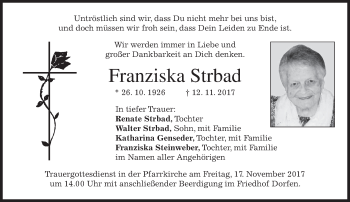 Traueranzeige von Franziska Strbad von merkurtz